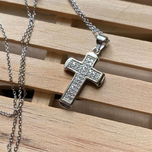 Sterling Silver Micro Pave Cz Cross Pendant On Stainless Steel Chain - Picture 3 of 6
